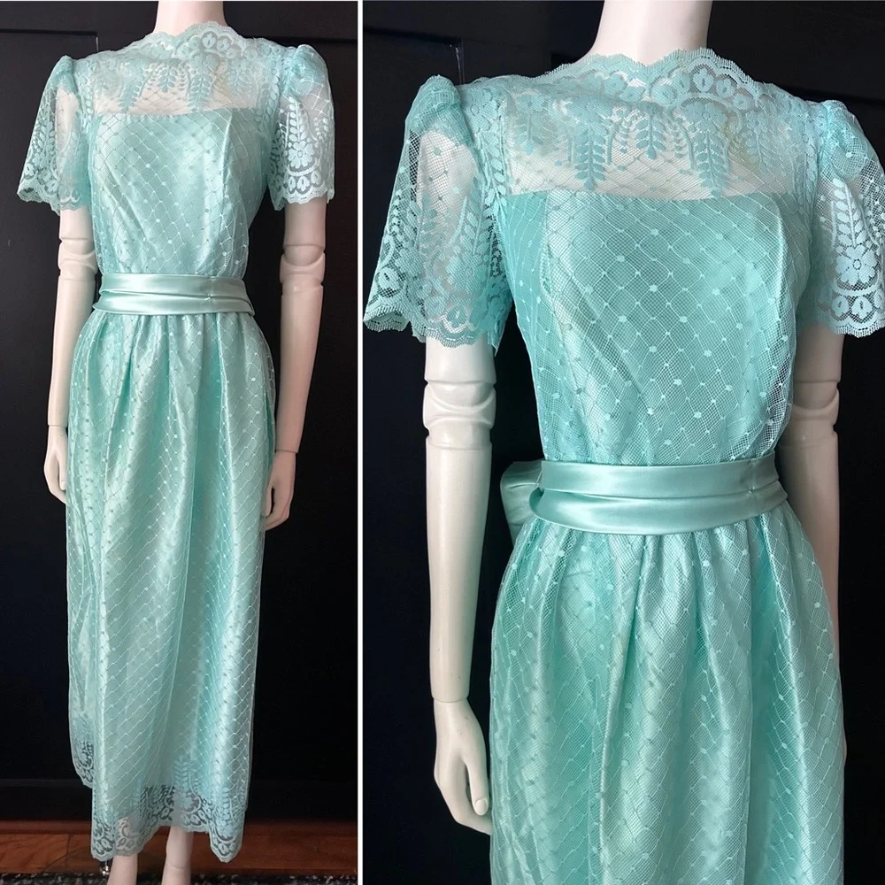 SOLDSOLDSOLD Vintage 60s/70s aqua lace dress - Picture 1 of 11